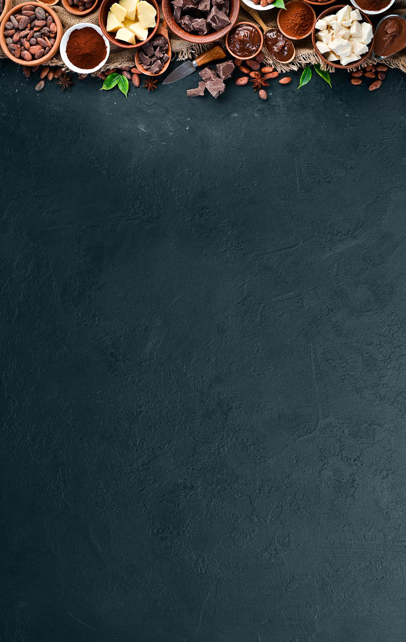 Cocoa beans, chocolate, cocoa butter and cocoa powder on a black background. Top view. Free copy space.