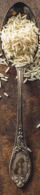 Uncooked indian long rice and spoon. Top view.